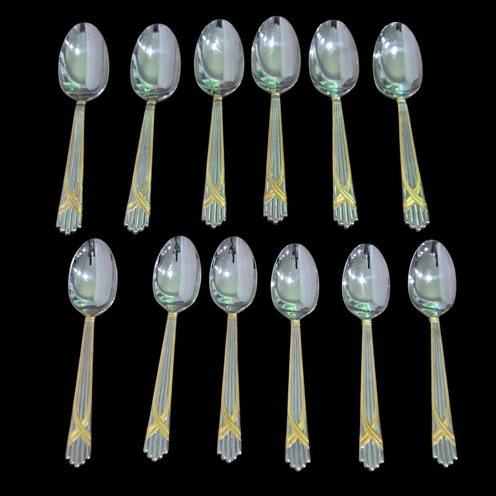 Yamazaki Fortuny Gold Accent Stainless Place Table Spoons Set of 6 Japan 7.5